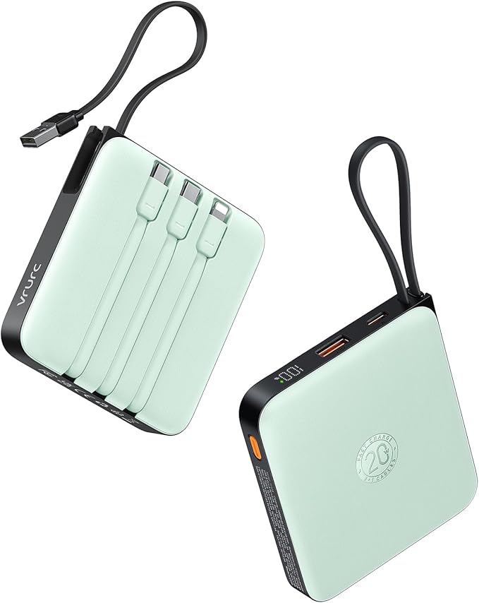 VRURC Portable Power Bank Built-in Cables, 20000mAh 22.5W Fast Charging USB C Battery Pack, Phone Charger Battery, for iPhone 16 15 14 13 12 11 Samsung Galaxy S23 S22, Green(1 Pack)