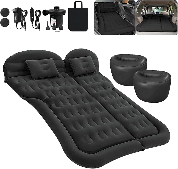 ISWEES Car Bed SUV Air Mattress, Car Air Mattress with Home Power Adapter, Electric Pump, 2 Inflatable Pillows and 2 Footrests for Back Seat, Side Seat,Trunk Sleeping, Thickened Camping Bed - Black