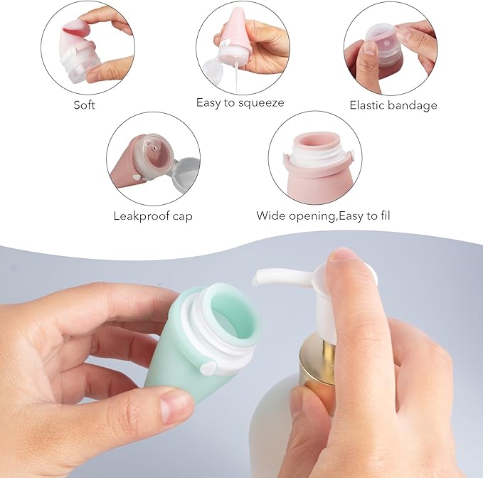 1oz Silicone Travel Bottles for Toiletries (4-Pack), TSA Approved Leakproof Toiletry Bottles with Locking Lid, Refillable Travel Size Containers for Shampoo, Body Wash, Camping & Trips (WH,GN,PNK)
