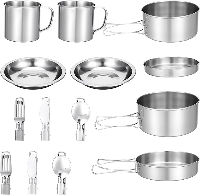 15 Pcs Camping Cookware Set, Stainless Steel Outdoor Camping Cooking Kit with Pot and Pan Cups Plates Forks Knives Spoons Kit for 1-2 Person Camping, Backpacking, Outdoor Cooking and Picnic