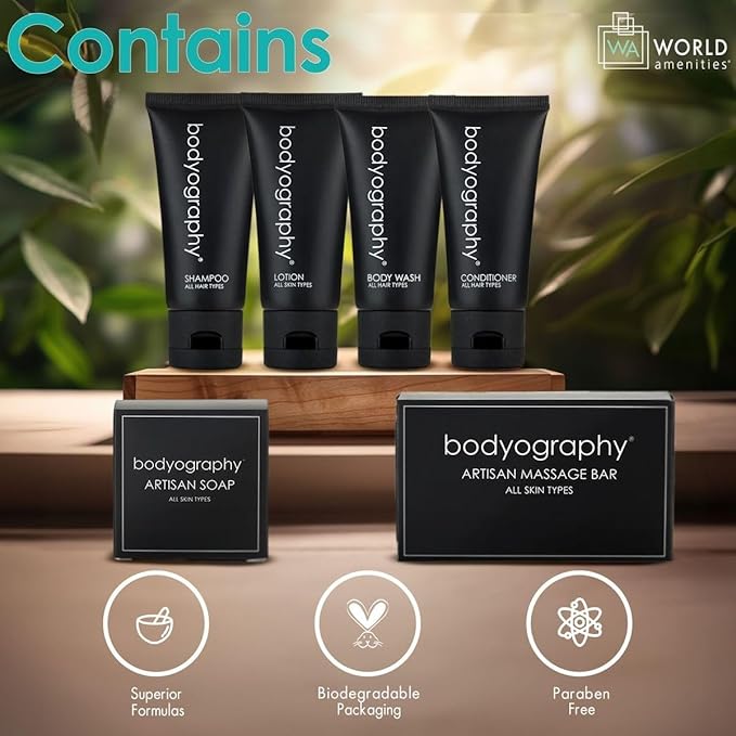 World Amenities - Bodyography Toiletry Kit - 6 Piece Set Shampoo, Conditioner, Body Wash, Lotion, Hand Soap, Massage Bar, Clear Travel Bag