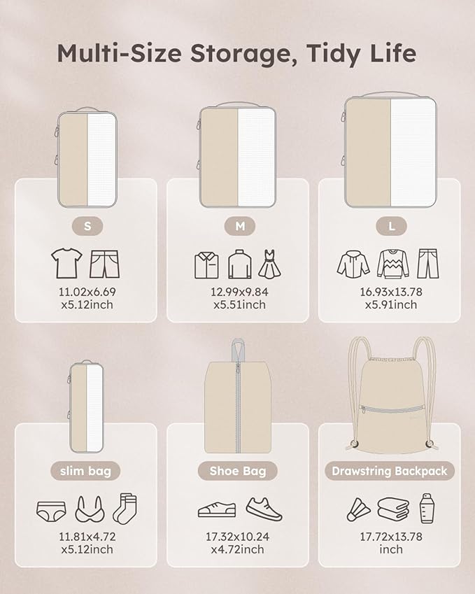 6 Set Compression Packing Cubes for Travel, Bonus Versatile Drawstring Backpack, Lightweight Luggage Organizer Bags, Sturdy Travel Accessories for Suitcase, Beige