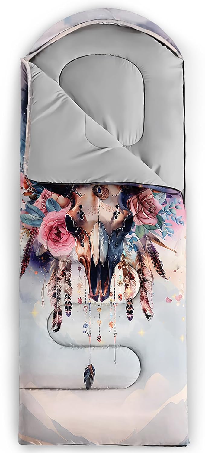 AILONEN Pink Lovely Rabbit Sleeping Bag for Girls Kids Adults,Warm and Cool Weather,Lightweight,Waterproof Backpacking,Cartoon Flowers Printed Bunny Sleeping Bag for Camping