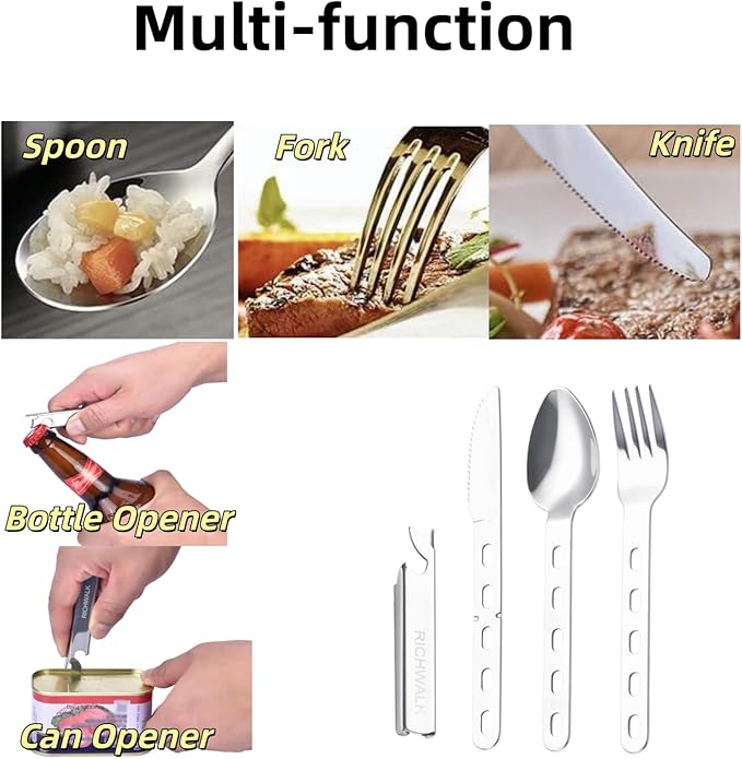 Camping cutlery set 4 pieces Eating utensils spoon fork knife kit flatware multi-tool Camping bottle can opener stainless steel
