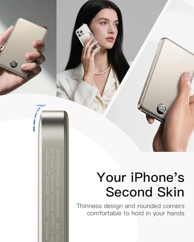 iWALK Magnetic Portable Charger, 5,000mAh Ultra-Slim Power Bank Wireless Charging Battery Pack with LED Power Display, Comfortable Grip Powerbank Compatible with iPhone 17/16/15/14/13 Series,Starlight