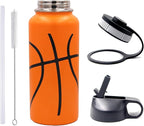 32 oz Basketball Water Bottle, Wide Mouth Sports Flask Metal Travel Mug with 2 Lids, Stainless Steel Double Wall Vacuum Insulated Leak Proof Water Bottles, Basketball Accessories Gifts for Boys Girls