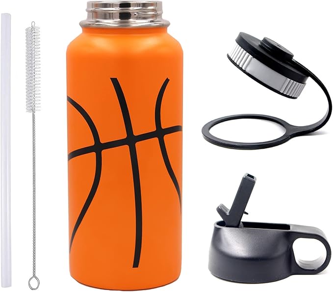 32 oz Basketball Water Bottle, Wide Mouth Sports Flask Metal Travel Mug with 2 Lids, Stainless Steel Double Wall Vacuum Insulated Leak Proof Water Bottles, Basketball Accessories Gifts for Boys Girls