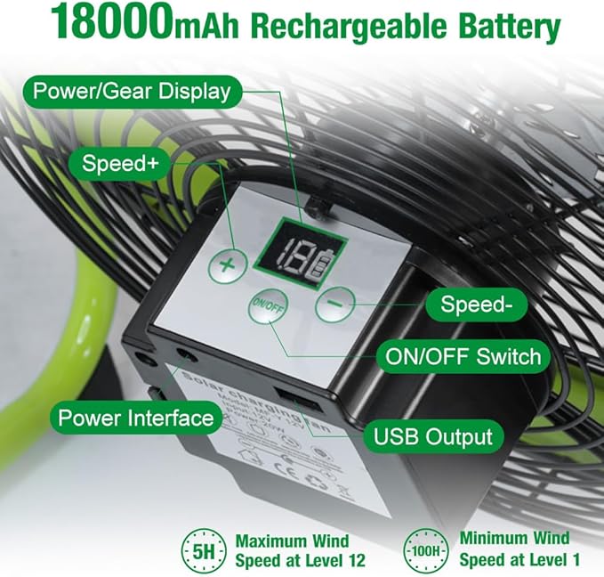 12'' Solar Powered Floor Fan Rechargeble,18000mAh Battery Operated Fan 5-Blade Solar Portable Outdoor Fan 360° Tilt for Outside, Greenhouse, Camping, Shed