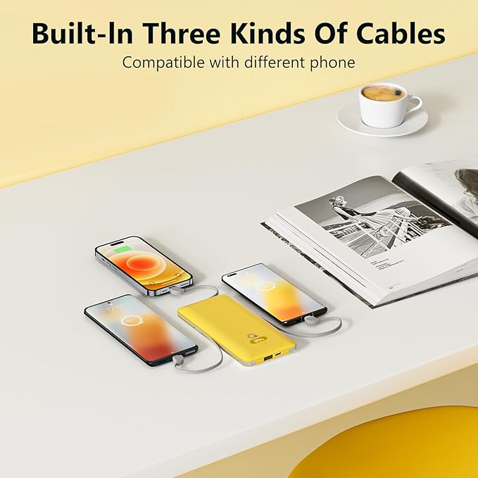 10000mAh Portable Charger with Built-in Cables and AC Wall Plug, USB C Fast Charging Power Bank with 3 Cords,5 Output External Battery Pack Compatible with iPhone,Tablet and All Smart Phones Yellow