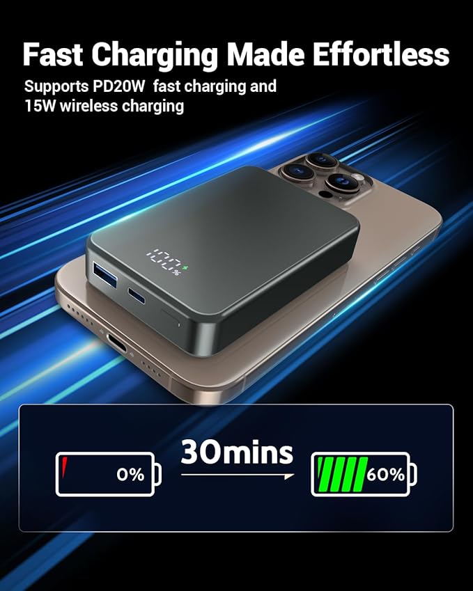 Magnetic Power Bank 26800mAh for Magsafe Portable Charger, Aluminum Alloy Large Capacity 20W USB-C in&Out Wireless Fast Charging Battery Pack for iPhone 17/16 Pro Max/15/14/13/12 Series, Silvery Gray