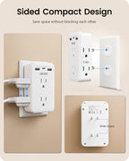 LENCENT 2 to 3 Prong Outlet Adapter, 2 Prong Power Strip with 6 AC Sockets 3 USB Ports(1 USB C), 3-Sided Wall Plug Splitter, 1875W Max, Compact Adapter for Non-Grounded Outlets in Old Houses