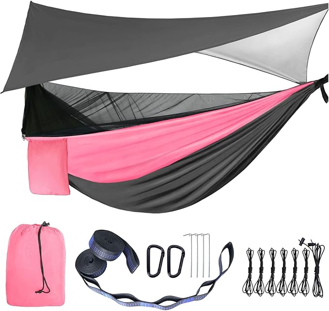 Camping Hammock Pink Grey Hammocks with Mosquito Net Tent and Rain Fly Tarp Portable Single & Double Nylon Parachute Hammock with Heavy Duty Tree Strap Outdoor Backpacking Survival Travel