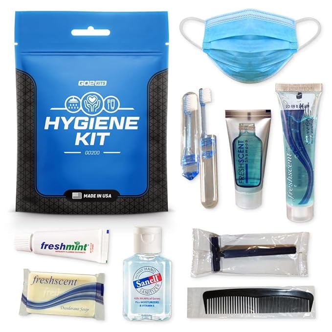 Ultimate Travel Toiletry Kit & PPE Kit, Hygiene Kit with Shaving Supplies & PPE for Travel, Business & Charity with Reusable Toothbrush, Bath Soap & Other Essential Toiletries, 3-Pack (GO200)