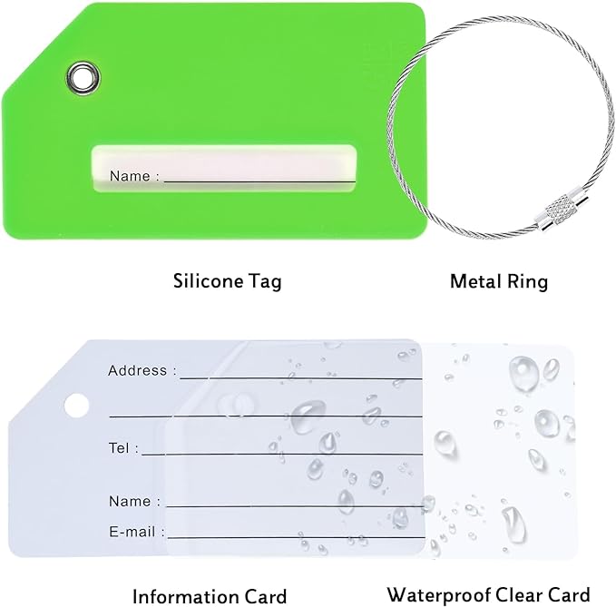 14 Pack Silicone Luggage Tag for Suitcases with Stainless Loop, TSA Approved, Privacy Protection Travel Essentials Bag Tags by Gostwo, Green