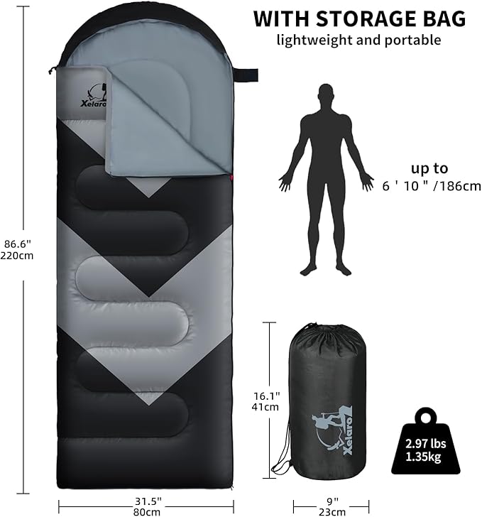 Sleeping Bag for Adults, Girls, Boys - 3 Season Warm & Cool Weather Lightweight Waterproof Camping Bag for Hiking, Outdoor Travel