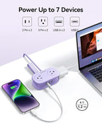 ORICO 4FT Purple Travel Power Strip with 4 AC Outlets, 2 USB-A Ports, and 1 USB-C Port, 45° Flat Plug Extension Cord with Non Surge Protector for Travel/Home/Dorm/Office-AP3
