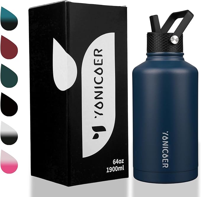 Insulated Water Bottle 64oz,Triple Wall Vacuum Stainless Steel(Dishwasher Safe),Leak Proof & Non-BPA,Flask Jug with Paracord Handle & Straw Spout Lids Sports Navy Blue