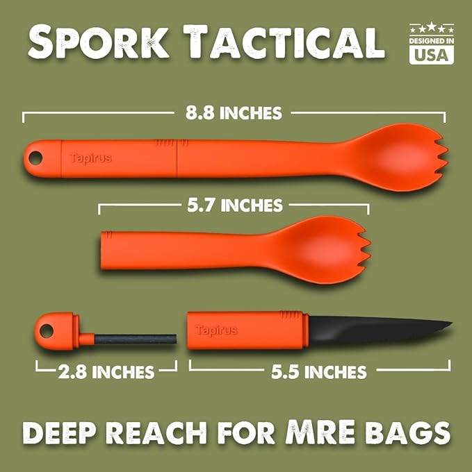 Tapirus Spork Tactical Orange | BPA Free Spoon Fork, Stainless Steel Knife and Fire Starter | 3 in 1 multipurpose utensil | Outdoor hiking, camping & backpacking gear | Fit for MRE