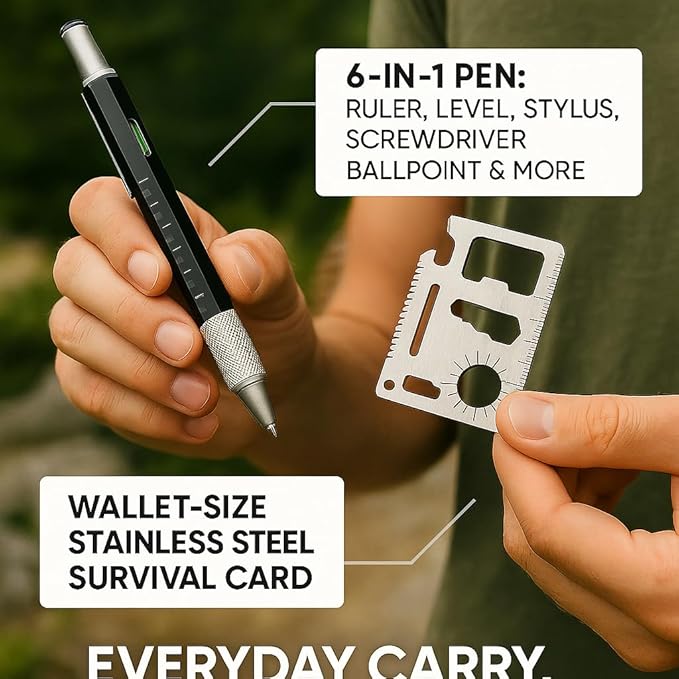 12-in-1 Tool Pen & Stainless Steel EDC Wallet Card Tool Gift Set | Multitool Duo Everyday Carry Survival Gadget for Men & Women (2-pack)