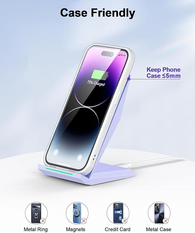 NANAMI Wireless Charger - Fast Qi-Certified Wireless Charging Stand Compatible Apple iPhone 17/17 Pro/17 Pro Max/16/15/14/13/12 Pro, Desktop Phone Charger for Samsung Galaxy S25/S24/S23/S22/S21