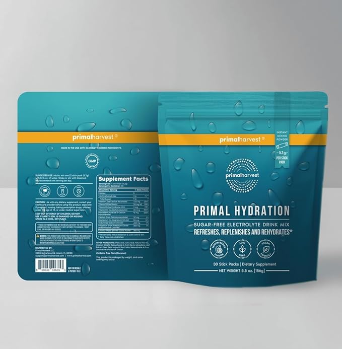 Primal Harvest Electrolytes Powder Packets Primal Hydration, Easy Open Packets, Energy Drink Mix (Lemon Berry, 30 Packs) (1 Bag)