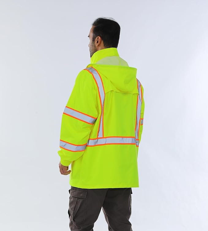 Hi Vis Safety Rain Jacket for Men Women Waterproof Breathable Rain Gears with Mesh Lining Black Bottom Lightweight Work Jacket (L/XL)