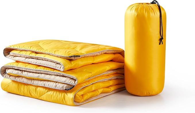 UNIKOME Lightweight Travel Blanket, Waterproof Warm Puffy Down Alternative Camping Blanket with Corner Loops, 75'52', Yellow