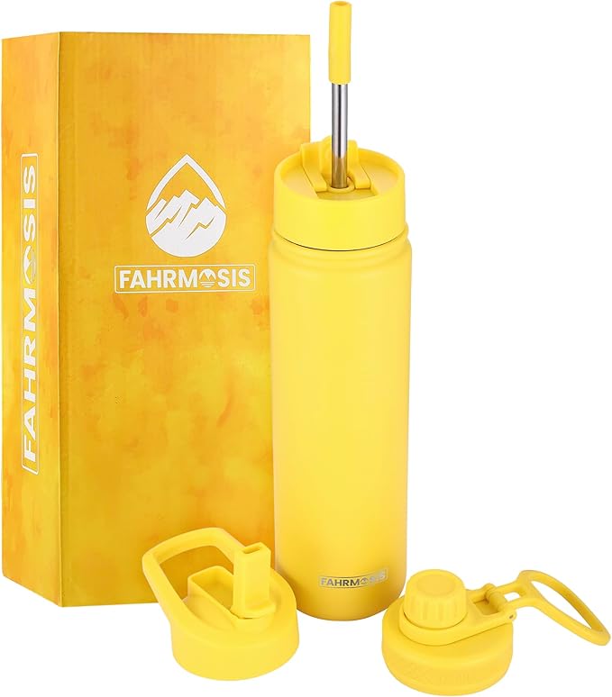 32 Oz Water Bottle with Straw Stainless Steel Sports Water Bottle with 3 Lids (Straw, Chug & Flip Lid) 1 Liter Leak Proof Insulated Metal Jug for Men & Women - Yellow