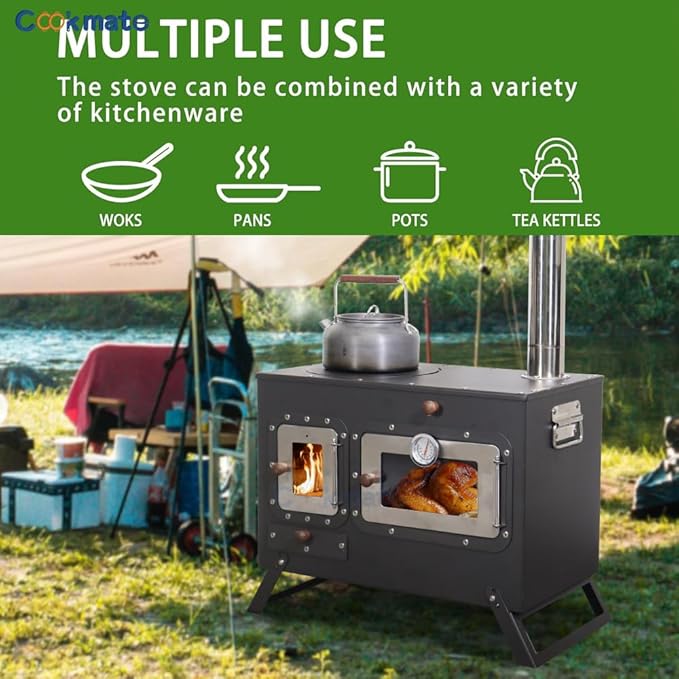 Large Outdoor Camping Stove with Oven Portable Tent Stove With Chimney Pipe Black Camping Stove Keep Warm Stove Foldable Camping Outdoor Cooking BBQ Stove