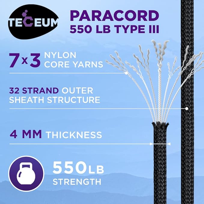 TECEUM 5/32" Paracord Rope 1000 – 1000ft / 200ft / 100ft / 50ft – Tactical Parachute Cord 4mm – 45+ Colors – Nylon String for Survival & Camping Gear – Stripe Cord for Survival – Utility Rope