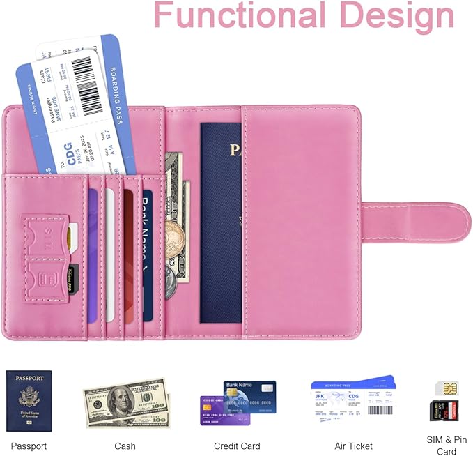 Passport Holder Cover Initail Letter A-Z Travel Wallet Embossed Design RFID Blocking Card Holder Personalized Gift Passport Cover Wallet, Passport Book Holders for Women and Girls, Pink-M