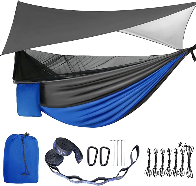 Camping Hammock with Mosquito Bug Net Tent and Rain Fly Tarp, Portable Single Double Nylon ParachuHammock with Heavy Duty Tree Strap for Backpacking Travel Survival Hiking Outdoor Activities (Blue)