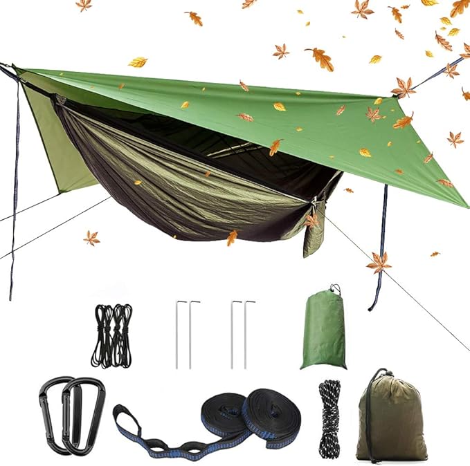 YCD Portable Camping Hammock Set,Single Double Hammock,Insect-Proof net,Rain Fly Tarp,high-Strength Parachute Cloth Hammock,Backpack Hiking Courtyard Outdoor Activities.