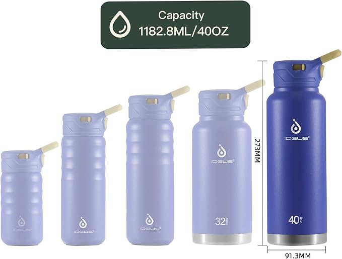 IDEUS Insulated Stainless Steel Water Bottle with 2 Leak-Proof Lids, Thermal Water Flask for Hiking Biking, 40oz, Purple