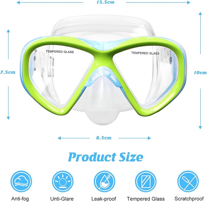 Kids Swim Goggles Snorkel Diving Mask for Boys Girls Ages 5-15, Two-Color Anti-Fog Swimming Goggles with Nose Cover