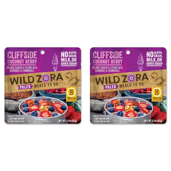 Wild Zora Paleo Freeze Dried Meals for Backpacking & Camping - Healthy Gluten Free & Grain Free Camping Meals/Backpacking Food + No Added Sugar - Great for Travel (Cliffside Coconut Berry 2-Pack)