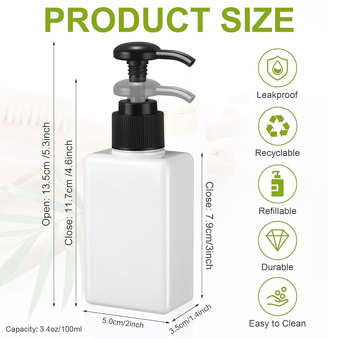Domensi 12 Pcs 100ml /3.4 oz Pump Bottle Mini Travel Bottles Small Dispenser Containers Plastic Pump Lotion Dispenser Empty Square Travel Size Containers Toiletries (White)