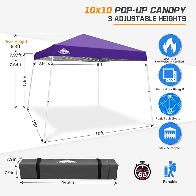 EAGLE PEAK 10x10 Slant Leg Pop-up Canopy Tent Easy One Person Setup Instant Outdoor Beach Canopy Folding Portable Sports Shelter 10x10 Base 8x8 Top (Purple)