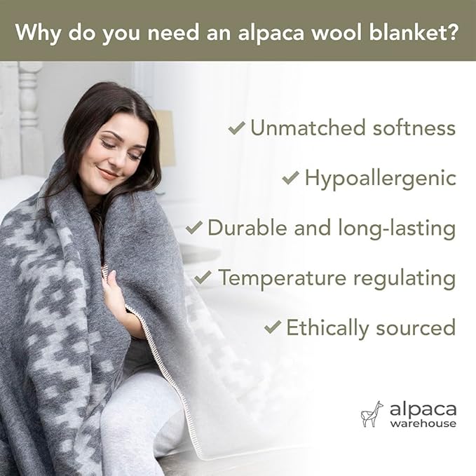 Thick Alpaca Wool Blanket Heavyweight Camping Outdoors Indoors Soft Peru Queen Size Ethnic Design (Dark Gray - Soft Gray, Queen Size)