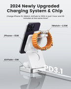3-in-1 Wireless Charger for iPhone,15W Fast Wireless Charging Station Compatible with Mag-Safe Charger,Magnetic Foldable Travel Charger Stand Nightstand for iPhone 17/16/15/14/13,Apple Watch&AirPods