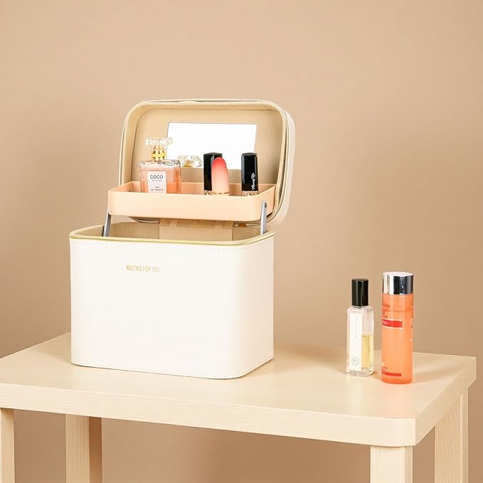 Fashion makeup box, Portable leather hard cosmetic case with mirror, Professional train case make up box for women adults. (Double-white)