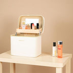 Fashion makeup box, Portable leather hard cosmetic case with mirror, Professional train case make up box for women adults. (Double-white)