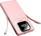 Portable Charger Power Bank with Built-in Cables, 22.5W Fast Charging 10000mAh Phone Charger, Travel Battery Pack Slim Battery Bank with Smart LED Display for iPhone, Android & USB-C Devices (Pink)
