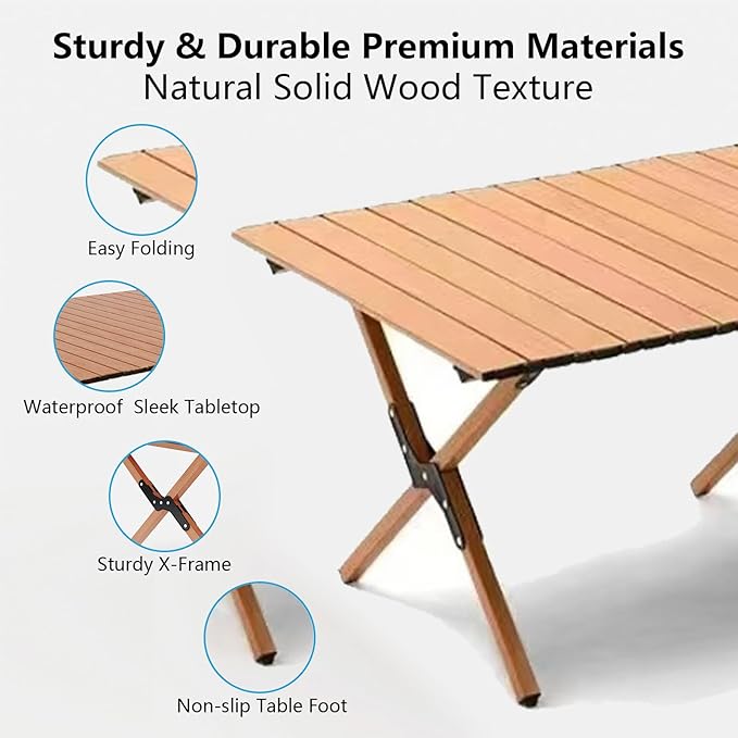 48Inch Folding Camping Table, Lightweight Roll-Up Table Aluminum Low Portable Picnic Table with Carrying Bag for Outdoor, Beach, Picnic, Backyards, BBQ and Party, Log Color