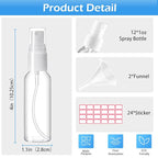 Spray Bottles, 1oz/30ml Clear Empty Fine Mist Plastic Mini Travel Bottle Set, Small Refillable Liquid Containers with 2pcs Funnels and 24pcs Labels (12 Pack)