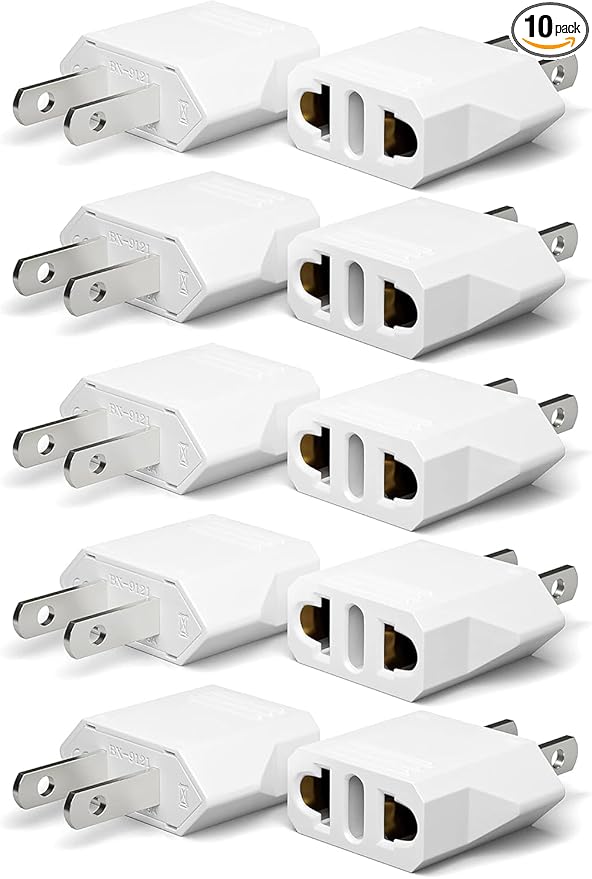 Unidapt 10-Pack EU Europe to US Plug Adapter, Type A Outlet, European to American, Canada, Mexico Wall Plug Adapters, White