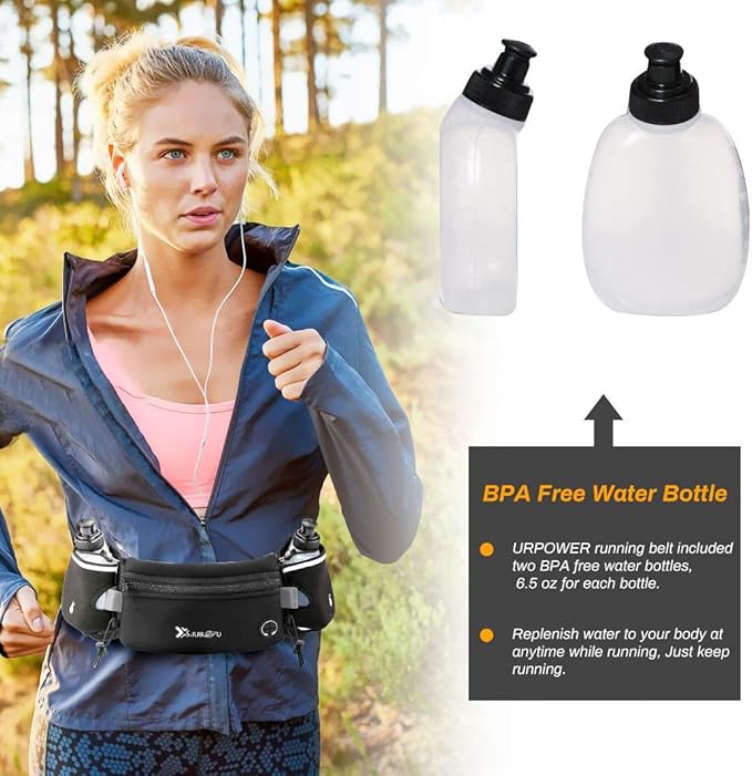 Number-one Running Belt with Water Bottles(2 x 175ML), Hydration Belt Waterproof Waist Pack Bag Fits iPhones Adjustable Sports Waist Pouch for Marathon Running Hiking Cycling