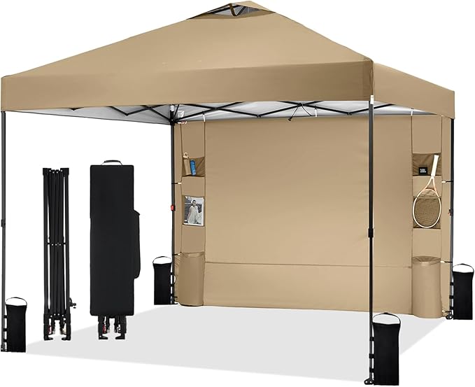 10'x10' Pop Up Canopy Tent with 1 Sidewall and 6 Pockets, One Push Setup, Instant Shade Tent with Vented Roof for Beach Patio Outdoor, Case, 8 Stakes, 4 Ropes, 4 Sandbags (Khaki, 10x10)