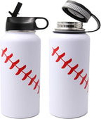 32 oz Baseball Water Bottle, Wide Mouth Sports Cup Flask Metal Travel Mug with 2 Lids, Stainless Steel Double Wall Vacuum Insulated Water Bottles, Baseball Accessories Gifts for Mom Men Fan Boys Girls