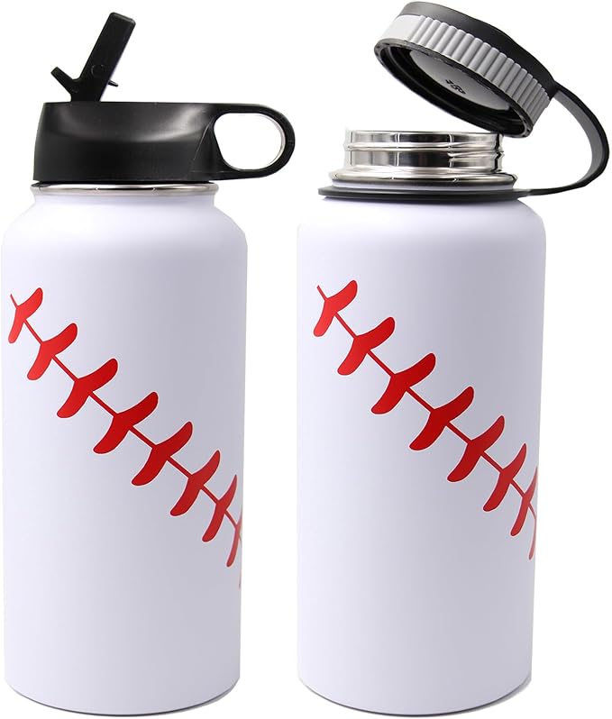 32 oz Baseball Water Bottle, Wide Mouth Sports Cup Flask Metal Travel Mug with 2 Lids, Stainless Steel Double Wall Vacuum Insulated Water Bottles, Baseball Accessories Gifts for Mom Men Fan Boys Girls